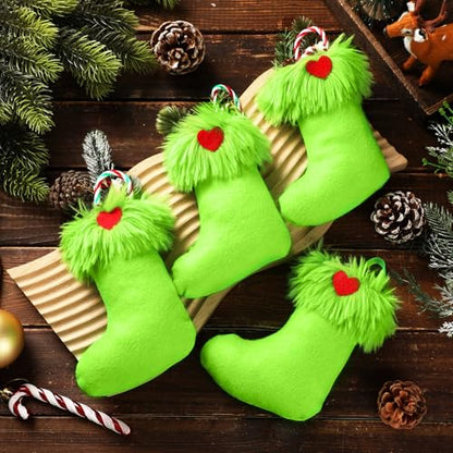 24 Pcs Mini Christmas Stockings - Green Faux Fur Holiday Decor, 6 Inch