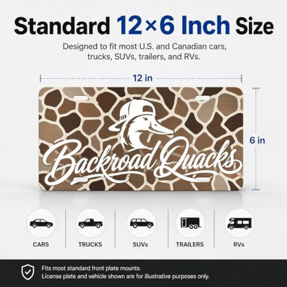 Backroad Quacks Duck Camo Aluminum License Plate Decor - 6x12 Inches, Outdoor Wildlife Display