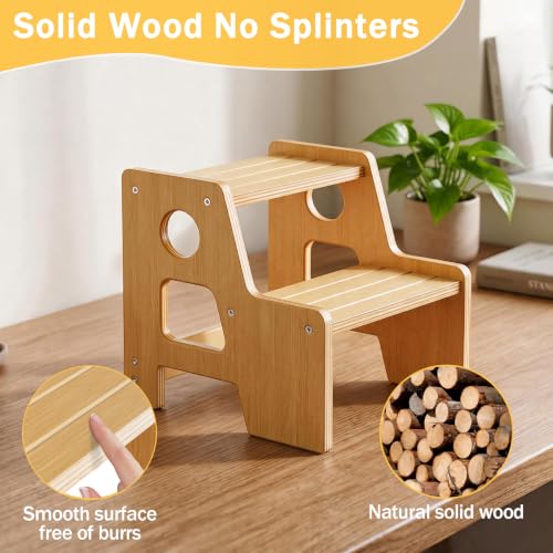 Wooden 2 Step Stool for Kids - Non-Slip Toddler Step Ladder with Handle - Oak1 Variation