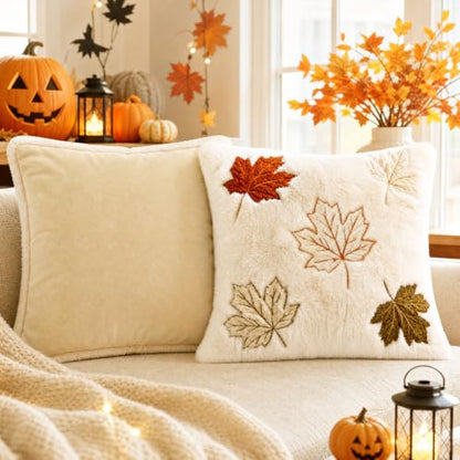 Fall Halloween 18x18 Inch Pillow Cover - Autumn Farmhouse Decor, Cozy Fluffy Throw Cushion with Maple Leaf Embroidery, Colorful, Pack of 1