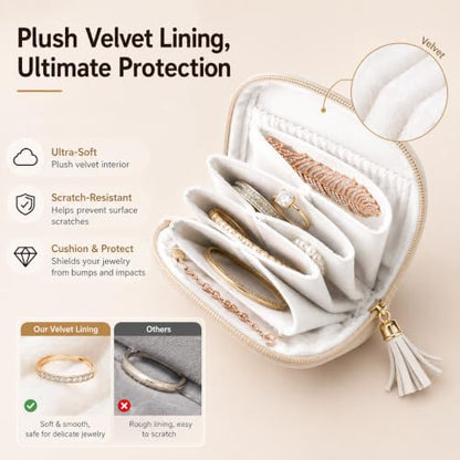 Small Travel Jewelry Case Beige Soft Leather Velvet Lined Organizer Pouch