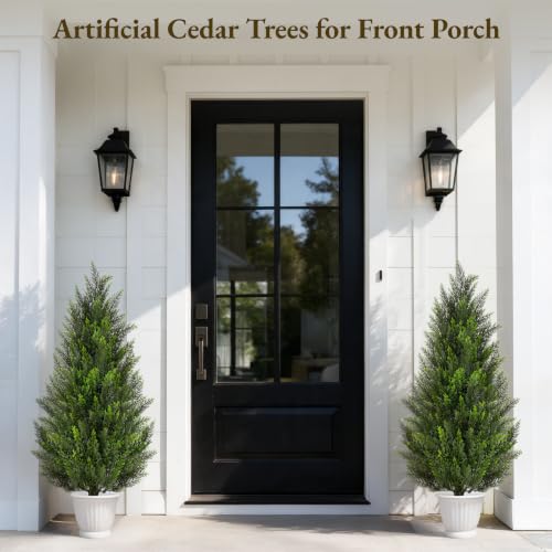 4FT Artificial Cedar Tree with Black Round Planter - UV Resistant Faux Evergreen for Indoor Outdoor