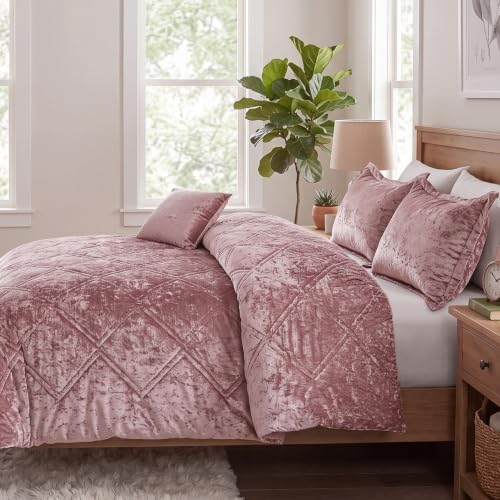 Queen Velvet Comforter Set with Diamond Quilting & Decorative Pillow - Blush