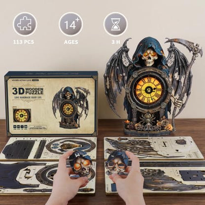 Halloween Grim Reaper Wooden Puzzle Clock with Glowing Eyes & Flapping Wings