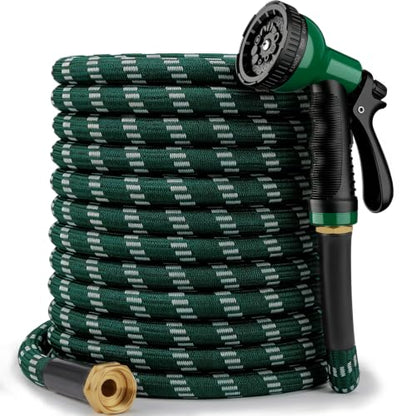 Dark Green 100 ft Upgraded Kink-Free Flexible Garden Hose with 10 Pattern Spray Nozzle
