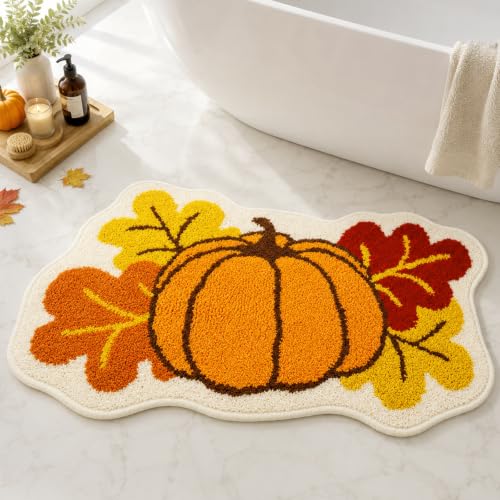 Fall Pumpkin Maple Leaf Bathroom Rug 31x20 Inches - Yellow Brown Variation