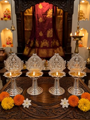 German Silver Lakshmi Ganesha Pooja Diyas Pair for Home Decor & Festivals