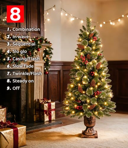 4ft Pre-Lit Artificial Christmas Tree with Snow, Gold Pot Base, Pine Cones