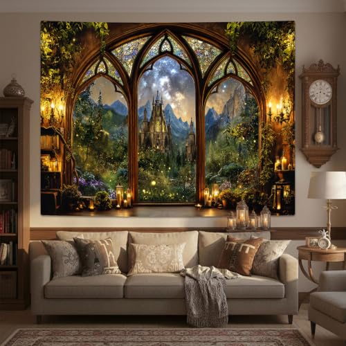 Fantasy Forest Mountain Castle Tapestry 48x36 Inch Wall Decor