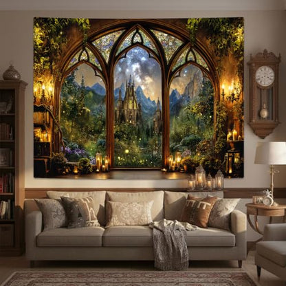 Fantasy Forest Mountain Castle Tapestry 48x36 Inch Wall Decor