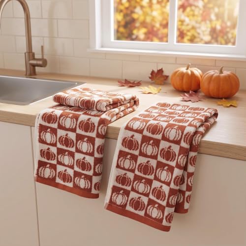 Pumpkin Checkered Fall Hand Towels for Bathroom & Kitchen - Set of 2