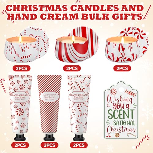 Candy Cane Scented Christmas Gift Set - 6 Candles & Hand Cream for Women - Peppermint Holiday Bulk