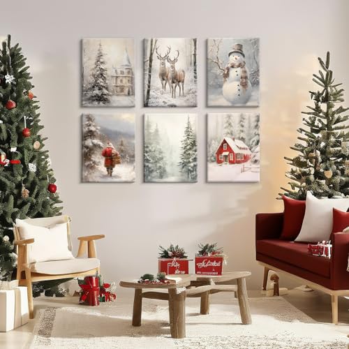 Snowman Wall Art Canvas Prints - Winter Holiday Home Decor - 8x10 Inches - Set of 6
