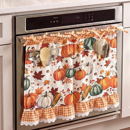 Thanksgiving Fall Oven Skirt Curtain with Pockets - Pumpkin Maple Leaf Variation