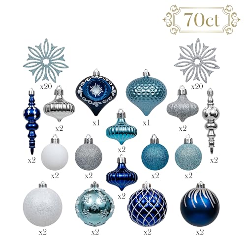 Christmas Tree Ornaments Set 70pcs Silver Blue Winter Theme - Valery Madelyn