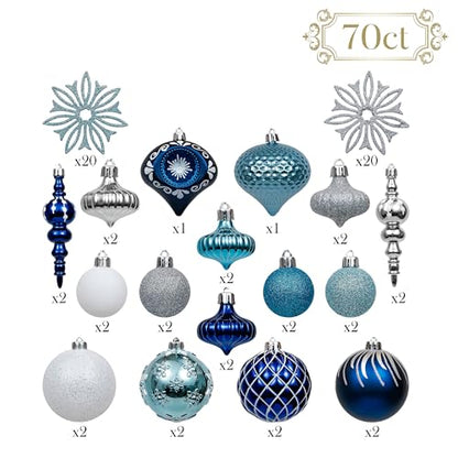 Christmas Tree Ornaments Set 70pcs Silver Blue Winter Theme - Valery Madelyn