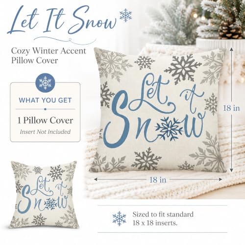 Let It Snow Pillow Cover 18x18 Winter Farmhouse Christmas Throw - Snowflakes Variation