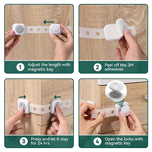 Babelio TAK Cabinet Straps Locks for Babies, 10 Pack Child Proof Safety Locks for Drawers, Baby Proof Latches for Kitchen, Furnitures, Strong Adhesive