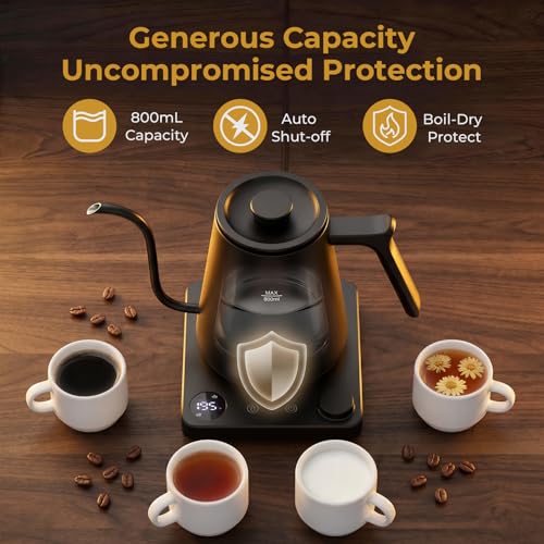 Electric Gooseneck Kettle with ±1°F Temp Control 27oz Rapid Heat Tea Coffee