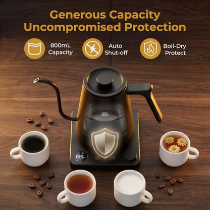 Electric Gooseneck Kettle with ±1°F Temp Control 27oz Rapid Heat Tea Coffee
