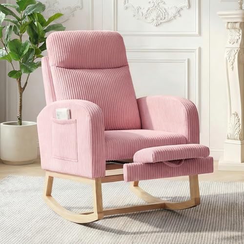 Pink Nursery Rocking Chair Glider with Footrest & Side Pockets – High Backrest, Solid Wood Legs