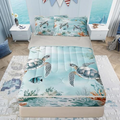 Kids Ocean Beach Zipper Bedding Set Queen Light Blue Grey - Microfiber Comforter & Fitted Sheet