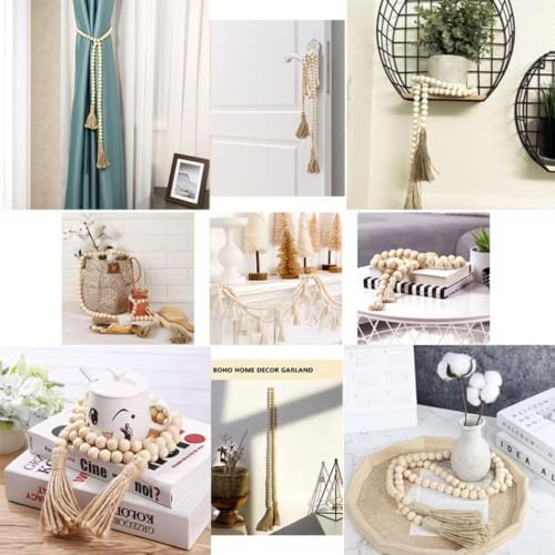 Wood Bead Garland for Farmhouse & Rustic Home Decor - 39 Inch Natural Beads with Linen Tassels