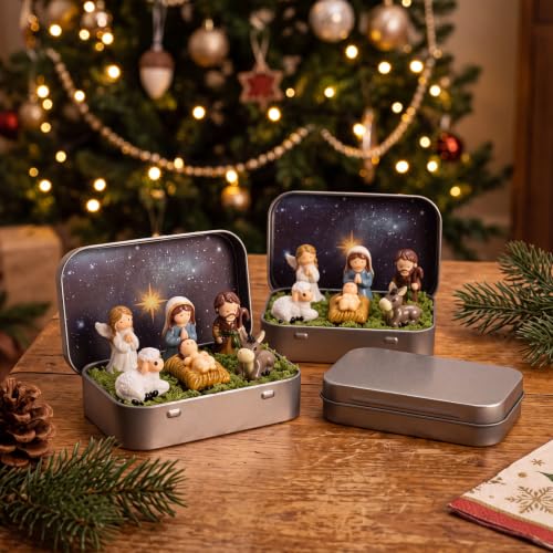 Mini Christmas Nativity Scene Set in Tin Box - Portable Holiday Decoration