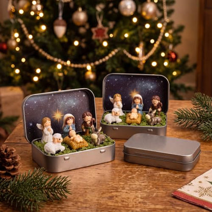 Mini Christmas Nativity Scene Set in Tin Box - Portable Holiday Decoration