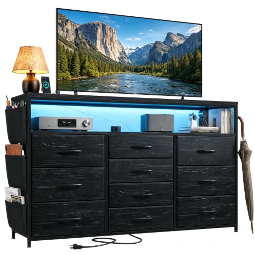 10-Drawer Dresser with LED Lights, Power Outlets & Black Variation