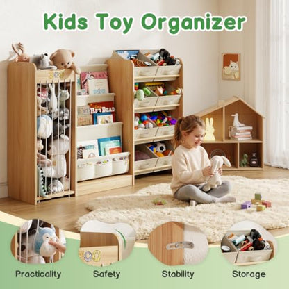 Kids Toy Organizer with Bookshelf & Stuffed Animal Storage 51 Inch Burlywood