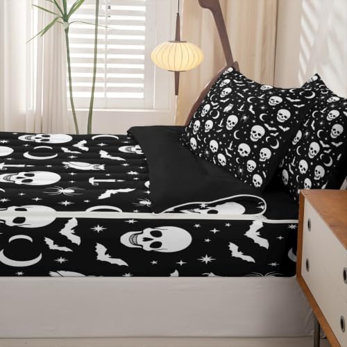 Halloween Gothic Skull Zipper Bedding Set for Kids Full Size Ghost White Variation