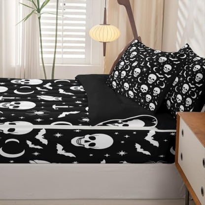 Halloween Gothic Skull Zipper Bedding Set for Kids Full Size Ghost White Variation