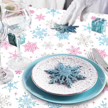 Christmas Snowflake Tablecloth Set - Pink & Blue Winter Holiday Decor, 54 x 108 Inch, 3 Pieces