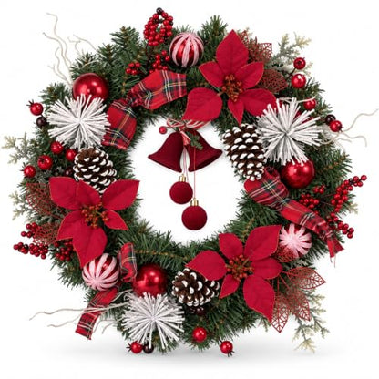 24 Inch Christmas Wreath with Poinsettias Pine Cones and Berries - Festive Holiday Decor