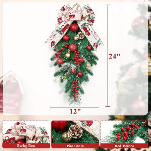 Artificial Christmas Swags 24 Inch 2 Pack Teardrop Holiday Decor with Berries Pinecones & Greens - Multi Color