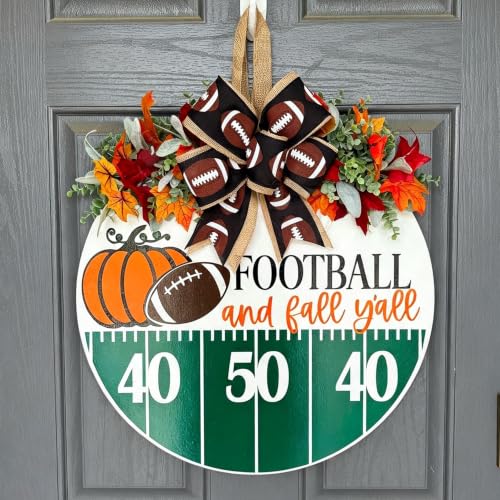 Fall Door Sign for Front Door - White Wooden Football Wreath Decor - Autumn Welcome Sign