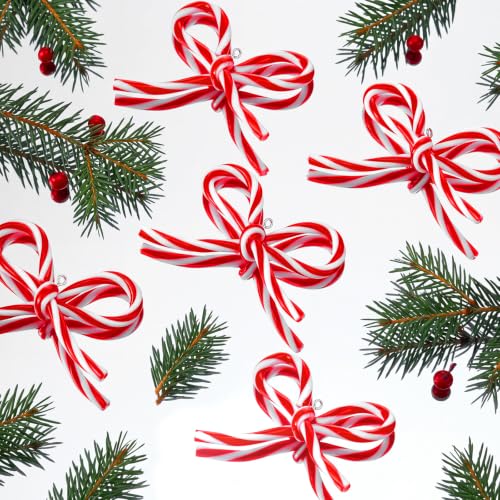 Candy Bow Ornaments for Christmas Tree Decorations - 24 Pieces, Candy Cane Style