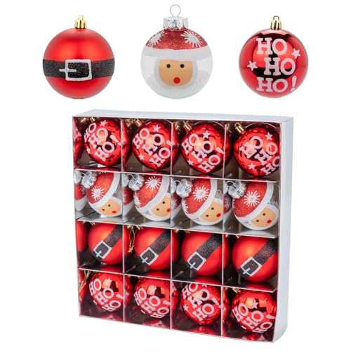 Red Christmas Tree Ornaments Set - 16 Shatterproof Red & White Baubles, 80mm