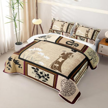 Queen Lotus Quilt Set with Brown White Variation - Soft All-Season Bedspread
