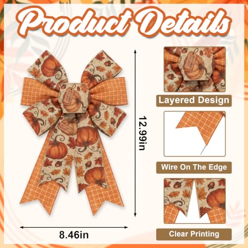 Fall Pumpkin Bows for Front Door Decor - 2 Pack Smaller Pumpkin Wreath Accents