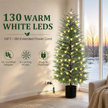 2-Pack 5FT Prelit Norfolk Pine Christmas Trees with LED Lights, Real Touch Foliage, Potted Faux Trees for Indoor Outdoor Decor
