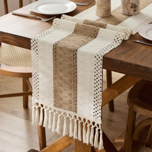 Beige Farmhouse Macrame Table Runner 12x90 Inch for Fall Home Decor