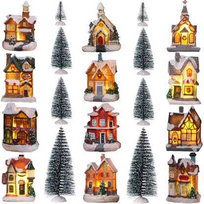 Christmas Houses Village and Mini Trees LED Light Set - 24 Pcs Holiday Decor