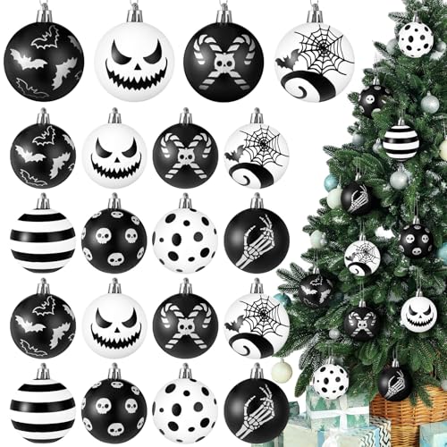 Gothic Halloween Christmas Ornaments Set - Black & White Holiday Decor, 24 Pcs
