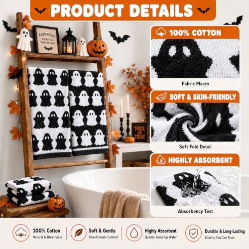 Halloween Ghost Hand Towels Set - Black & White Cotton Decorative Kitchen & Bathroom Towels