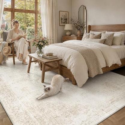 Washable 8x10 Area Rug for Living Room Vintage Boho Medallion Beige Non-Slip Low Pile Carpet