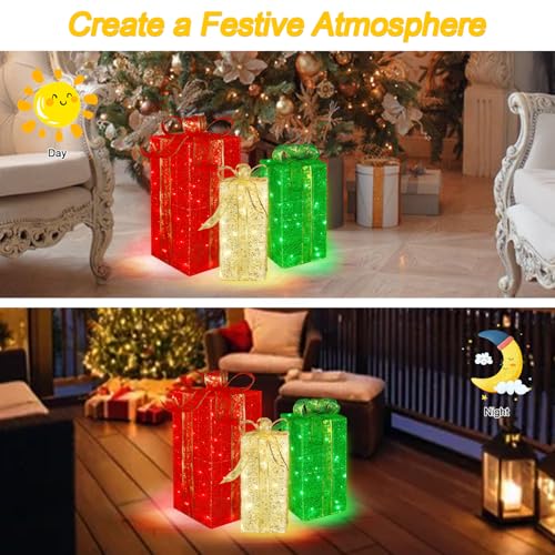 Christmas Lighted Gift Boxes Set of 3 - Warm Red Green Outdoor Decor with 16 Modes