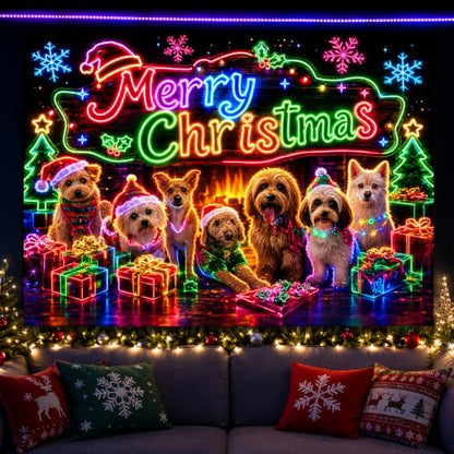 Neon UV Reactive Christmas Puppy Tapestry Wall Hanging - Holiday Decor for Bedroom & Pet Shop