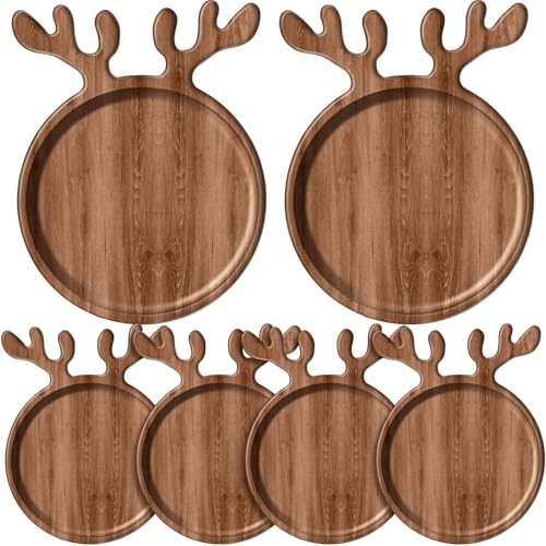 6 Pack Christmas Acacia Wood Charcuterie Boards with Deer Antler Handles - 12 Inch